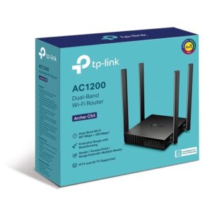 TP-Link Archer C54 AC1200 Dual Band 4 Antenna MU-MIMO Beamforming Wi-Fi Router: Tp-Link Archer C54 AC1200 MU-MIMO Beamforming Wi-Fi Router comes with AC1200 dual-band is ideal for 4K video streaming and high-speed downloading. In this router, 4Ã— antennas and Beamforming delivers extensive Wi-Fi coverage and reliable connections. This router has Multi-Mode 3-in-1 features that support Router, Access Point, and Range Extender modes for added flexibility. The Dual-band Wi-Fi allows you to connect your demanding devices to the faster and clearer 5 GHz band, while a traditional 2.4 GHz band provides a far-reaching, stable connection to the rest of your devices. It is equipped with MU-MIMO technology to connect more devices and maintain low latency. Concurrent streamings on 2 different MU-MIMO devices now will just be smooth as connecting only one, as long as you have enough bandwidth from your ISP. This router has Parental Controls options that help to manage when and how connected devices can access the internet. It also provides separate access for guests in order to secure the host network. This Router helps to Smooth HD Streaming that Supports IGMP Proxy/ Snooping, Bridge, and Tag VLAN to optimize IPTV streaming and also it is Compatible with IPv6 (the latest Internet Protocol version 6). The Archer C54 router is Compact and Mountable Designed to conserve space and complement any decor. You can set up Archer C54 in minutes via its intuitive web interface or the powerful Tether app and also this app lets you manage its network settings from any Android or iOS device. The latest Tp-Link Archer C54 AC1200 Dual Band 4 Antenna MU-MIMO Beamforming Wi-Fi Router has a 01-year warranty. Specification Key Features Antenna 4× Fixed Antennas (Cover more area with more antennas) Button WPS/Rest Button Frequency 5 GHz: 867 Mbps (802.11ac) 2.4 GHz: 300 Mbps (802.11n) Interface web interface Network Standard Wi-Fi 5 IEEE 802.11ac/n/a 5 GHz IEEE 802.11n/b/g 2.4 GHz Encryption WEB WPA WPA2 WPA/WPA2-Enterprise (802.1x) Ports 1× 10/100 Mbps WAN Port 4× 10/100 Mbps LAN Ports Others 1200 sq ft to 1500 sq ft Maximum Area Open Space Coverage Power Source Power Mode Power Adapter Physical Dimension Dimension 5.6 in(141.2 mm) x 1.0 in (24.3 mm) x 4.5 in (115 mm) x 4.2 in (106.7 mm) Color Black