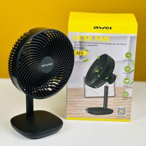 Beat the heat with Awei F23 Portable USB Rechargeable Desk Fan in sleek black. Experience portable cooling convenience with its 4000mAh rechargeable battery. Perfect for home, office, travel, or outdoor adventures. Stay cool and comfortable wherever you are